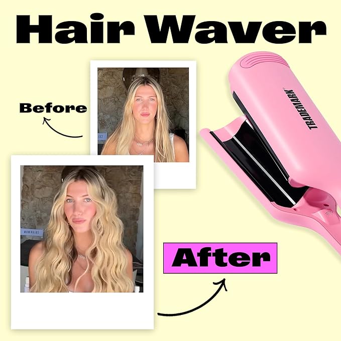 Trademark Beauty Hair Waver - Double Barrel Hair Crimper, Beach Waves Curling Iron, Babe Waves X, Adjustable Temperature Hair Curler, Hair Styling Tools, 1.25" - Pink