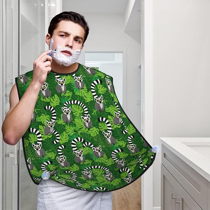 Ultimate Shaving Bib, Beard Trimming Apron with Hair Catcher, Lemurs Monkey Tropical Green Leaves Floral