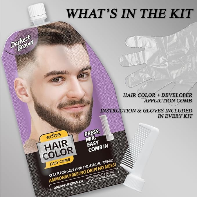 Edbe Hair Color Easy Comb Darkest Brown (2 Pack) - Grey Hair Mustache and Beard Coloring for Men with One Application Kit…