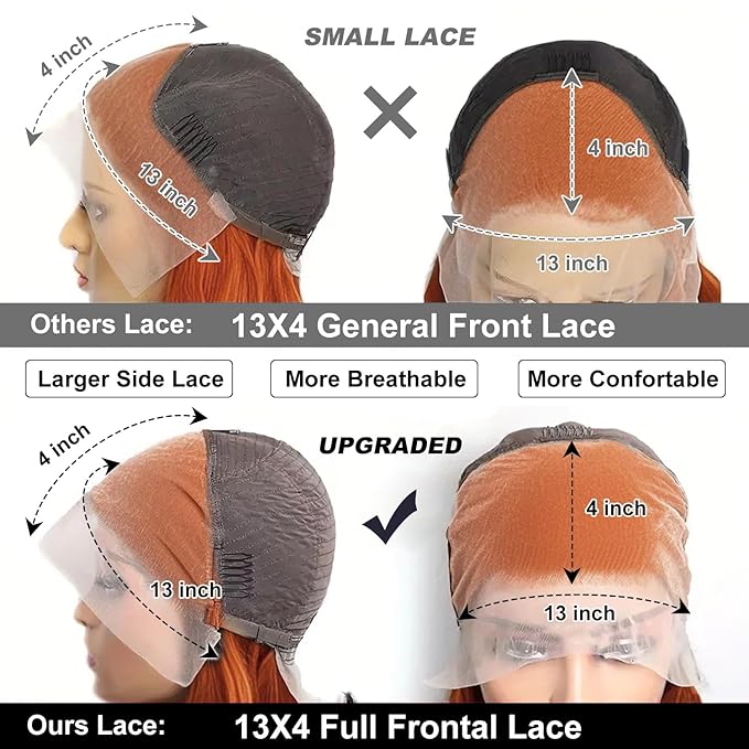 250% Density Ginger Bob Lace Front Wig Human Hair 13x4 Orange HD Lace Closure Human Hair Wig Pre Plucked with Baby Hair Short Ginger Straight Bob Colored Wig for Women 16 Inch