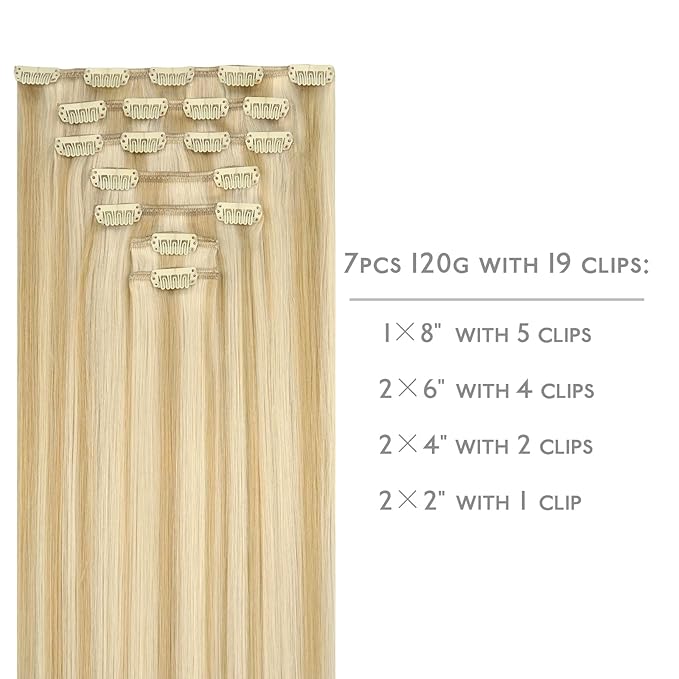WENNALIFE Clip in Hair Extensions Real Human Hair, 22 Inch 130g 7pcs Remy Hair, Light Blonde Highlighted Golden Blonde Straight Natural Extensiones De Cabello Humano Con Clip Ins