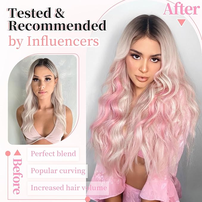 KooKaStyle Clip in Hair Extensions 4PCS Long Wavy Natural & Soft Hairpieces for Women 24 Inch for Women(Blonde with Pink Highlight)