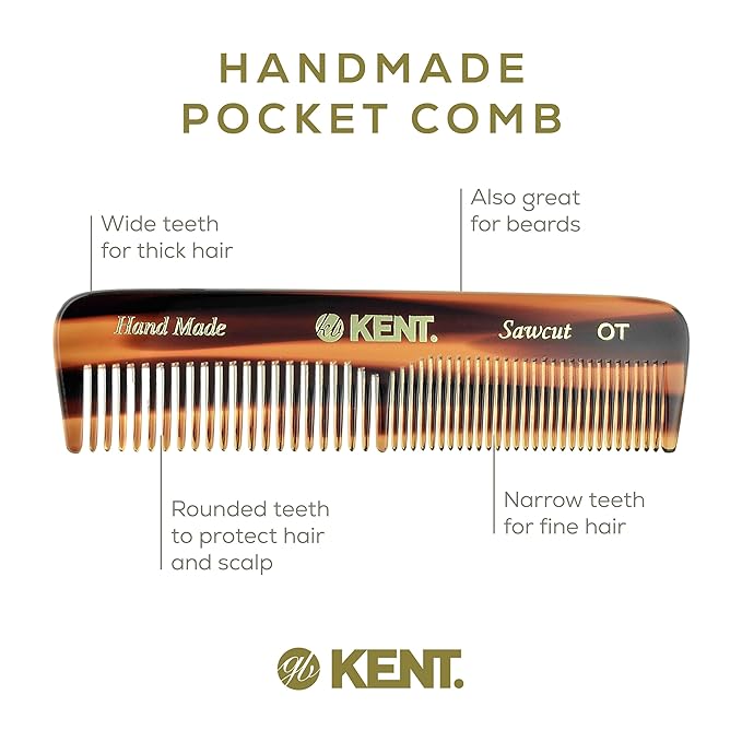 Kent OT Pocket Comb Fine Tooth & Wide Tooth Comb - Handmade Hair Combs for Men, Women & Kids - Saw Cut, Hand Polished (4.4")