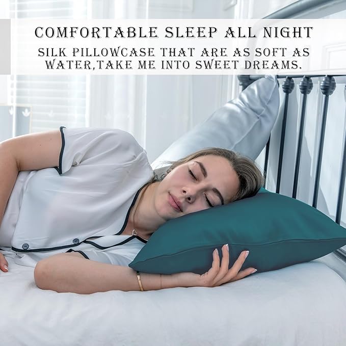 Silk Pillow Cases 2 Pack Soft Breathable and Sliky King Size Pillow Cases Set of 2,Natural Mulberry Satin Silk Pillowcase with Hidden Zipper for Hair and Skin (Teal,20"X 36",2pcs)