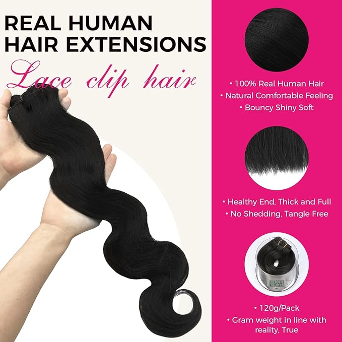 Lashey Clip in Hair Extensions Real Human Hair, 14 Inch 7pcs 120g #1B Natural Black Body Wave Remy Human Hair Extensions Natural Thick Clip in Hair Extensions for Black Women