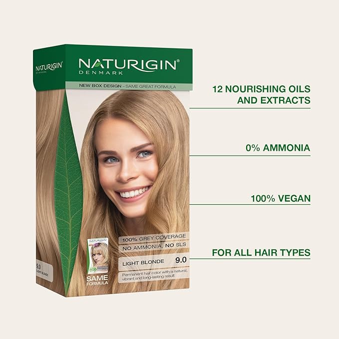 Naturigin Permanent Hair Color, 9.0 Light Blonde, Ammonia Free, 100% Gray Coverage, Nourishing Natural Formula, For All Hair Types, Long-Lasting, Vegan & Cruelty-Free, 1 Pack