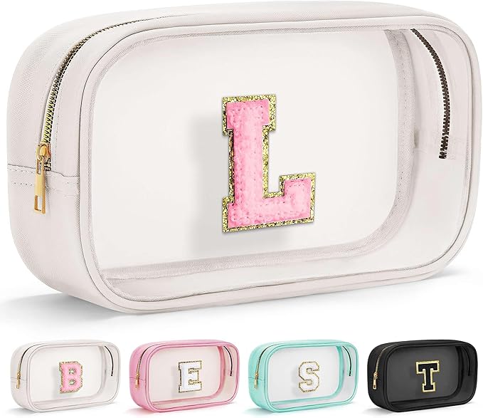 YOOLIFE Initial Makeup Bag Travel Toiletry Bag Clear Makeup Bag Preppy Cosmetic Bag Gifts for Girls Kids Graduation Gifts Birthday Gifts for Girls Kids Birthday Gifts Swim Gifts White L