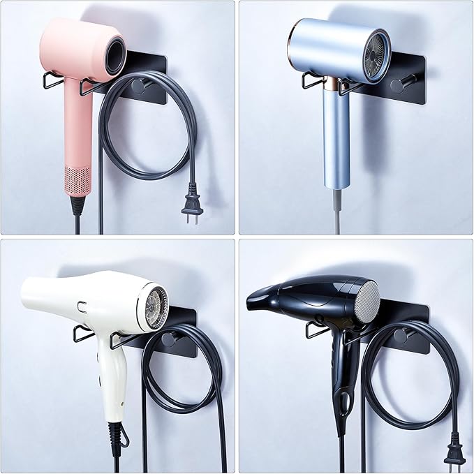 Hair Dryer Holder Wall Mounted, Universal Blow Dryer Holder, Hairdryer Storage Hanger with Plug&Cord Hook, Adhesive Hair Tool Organizer for Bathroom, Black