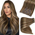 Full Shine Brown Clip in Hair Extensions Human Hair 14 Inch Dark Brown with Caramel Blonde Highlights Straight Hair Extensions for Women 8PCS 120G