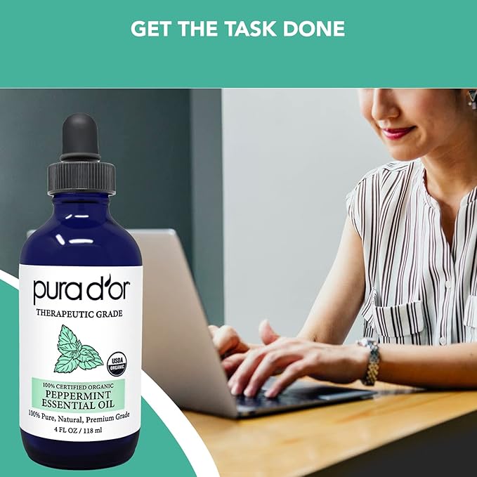 PURA D'OR Organic Peppermint Essential Oil (4oz with Glass Dropper) 100% Pure & Natural Therapeutic Grade - Hair, Body, Skin, Aromatherapy Diffuser, Massage, Refreshens, Energy, Mood, Home, DIY Soap
