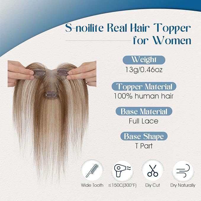 Hair Topper with Side Bangs Human Hair Curtain Bangs Topper for Women,3.54x4.92 T-part Lace Base Real Human Hair Topper Hair Piece for Daily Wear(Side Bangs,Medium Brown & Dark Blonde)
