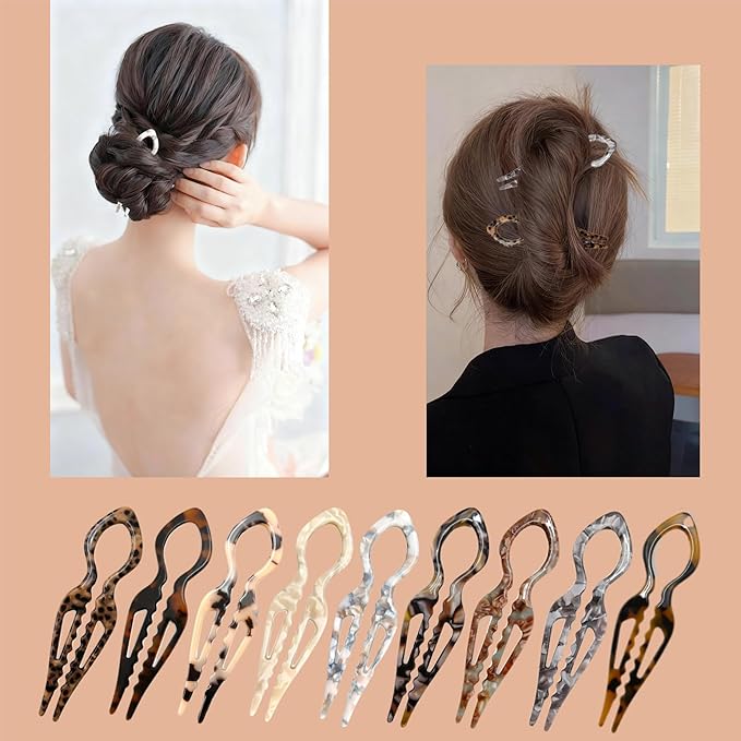 Prestige Hair Pins,French U-Shaped Hair pin 3Pack Elegant Women Hair Accessories Suitable for Thick or Thin Hair (Black, Leopard print, Blue)