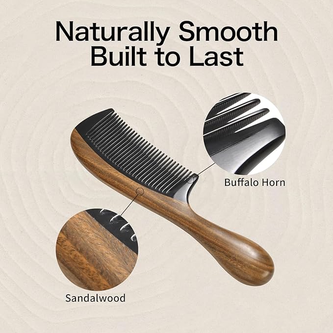 Onedor Handmade Buffalo Horn and Sandalwood Hair Combs - Anti-Static Natural Scent Wooden Detangler (Fine Tooth)