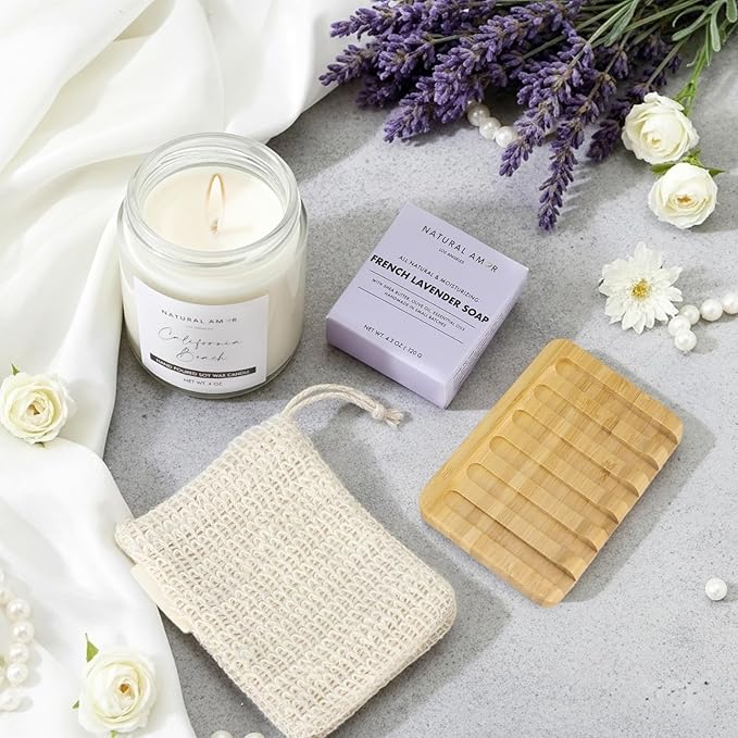 Natural Amor 8-Piece Spa Gift Set with Blanket – Self-Care Box with Lavender Body Butter, Soap, Candle – Blanket with Grey Ribbon Gift for Women, Birthday, Holiday