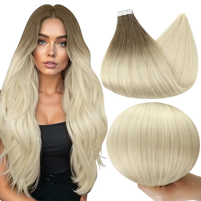 Full Shine Tape in Human Hair Extensions Color Balayage 8 Ash Brown Fading To 60 Blonde Seamless Tape in Hair Extensions 22 Inch Natural Straight Hair Extension 20 Pcs 50 Gram Add Length