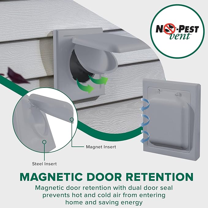NO-PEST VENT, Exclusive Dual Door Dryer Vent Cover Outdoor 4 inch or Bathroom fan, Made in USA w Highest UV Resistant Plastic in any Outdoor Vent Cover (Slate Grey, 4 inch With 12" Duct Tube)