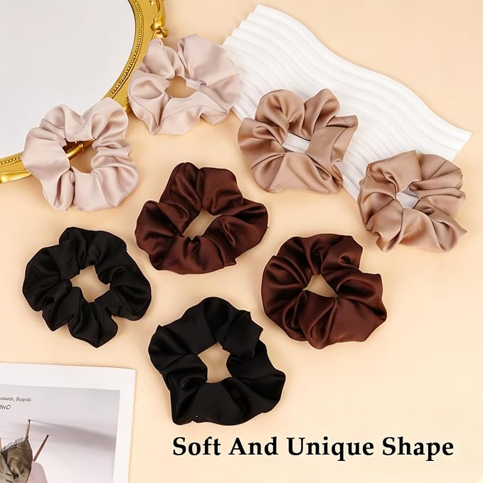 Satin Scrunchies for Women – 8PCS Neutral Silk Hair Ties Set (Black, Blonde, Dark Brown, Light Brown) – No Crease, Frizz-Free, Gentle Elastic Hair Bands, Soft & Stylish Everyday Hair Accessories Gifts
