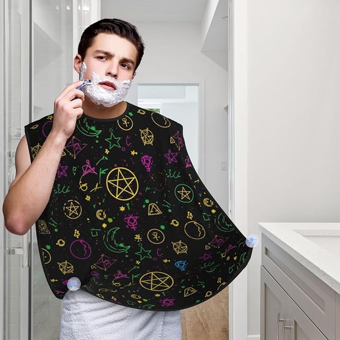Beard Hair Catcher Bib, Waterproof Non-Stick Grooming Apron for Shaving Trimming, Perfect for Men Dad, Magical Bright Alchemical Cosmic Goth Trippy Purple Sun Moon Art Witchcraft Shave Bib