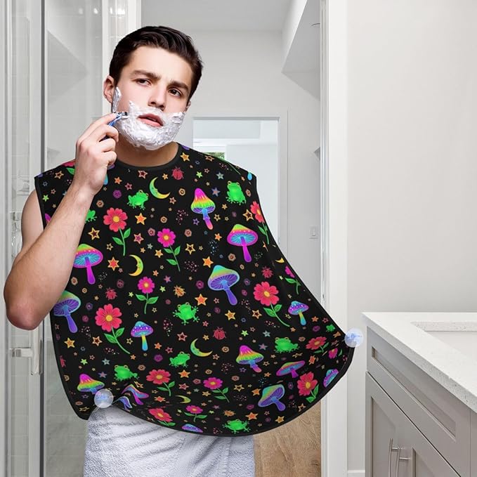 Adjustable Non-Stick Beard Apron, Hair Catcher Cape for Shaving Grooming, Waterproof with Suction Cups Men, Beautiful Magical Flowers Goth Moon Mushrooms Frogs Shave Bib