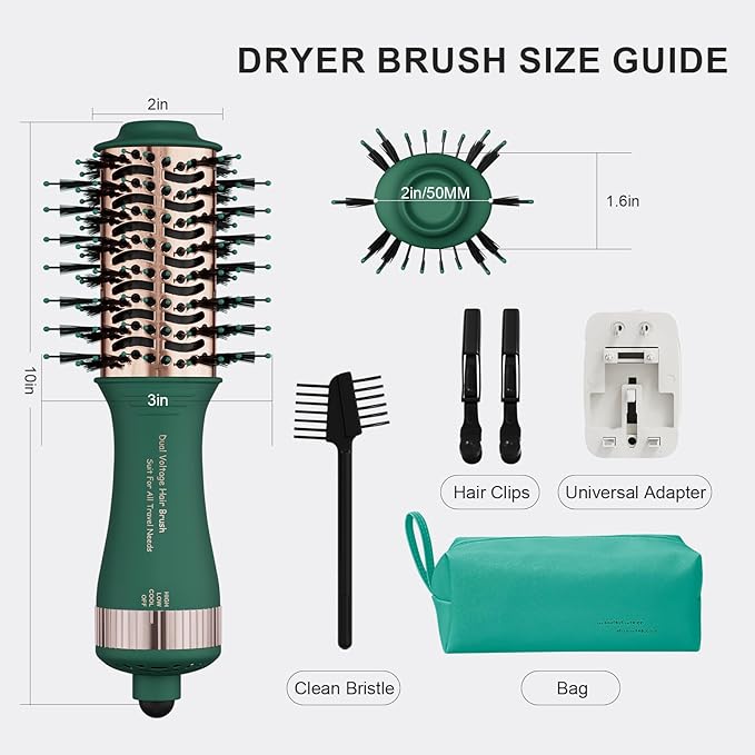 Dual Voltage Travel Hair Dryer Brush Mini Hot Air Hair Styling Tool, 110-240V European Oval Shape Jet Brush, 2 Inch Lightweight Design & Universal Plug, Easy Pack Worldwide