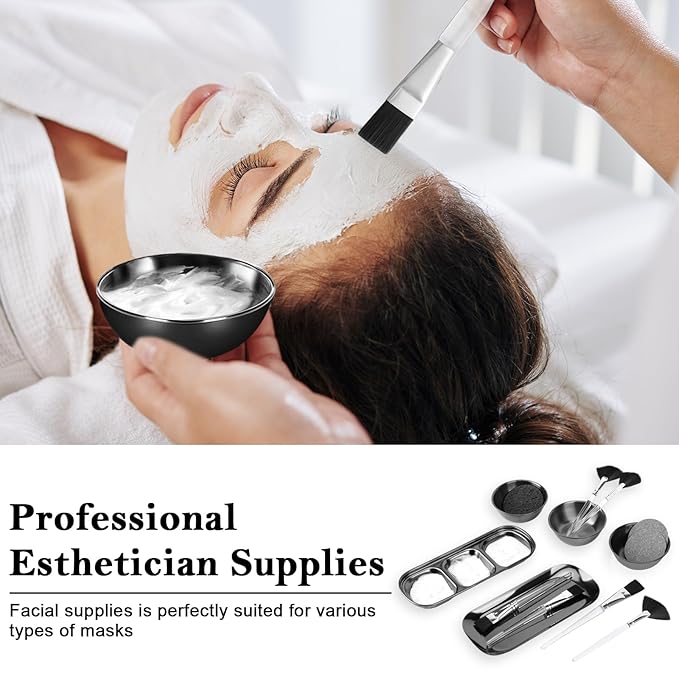 21 Pcs Black Esthetician Supplies 3 Stainless Steel Facial Mask Mixing Bowls 3 Fan Brushes Esthetician 3 Facial Flat Brushes Skincare Tray 3-Compartment Serving Tray 10 Round Compressed Facial Sponges