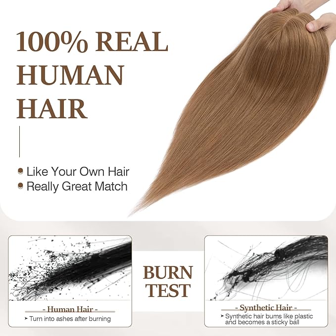 Rich Choices Hair Toppers for Women Real Human Hair 100% Human Remy Toppers NO Bangs for Women with Thinning on Top Clip in Hairpiece 4"x4.7"Lace Base 10 Inch #6 Light Brown