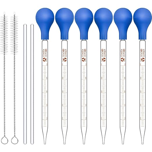 Weewooday Glass Droppers Pipettes Graduated Lab Dropper Glass Liquid Pipette with Big Rubber Hats 20 cm Stir Rod Washing Brush Transfer for Liquid Essential Oil(16 Pieces,Blue,10 ml)