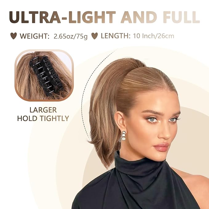 Claw Clip Ponytail Extension - 10 Inch Short Ponytail Extension, Straight Pony Tails Hair Extensions, Synthetic Hair Extensions Ponytail, Clip On Ponytails for Women (Light Brown with Golden Ends)