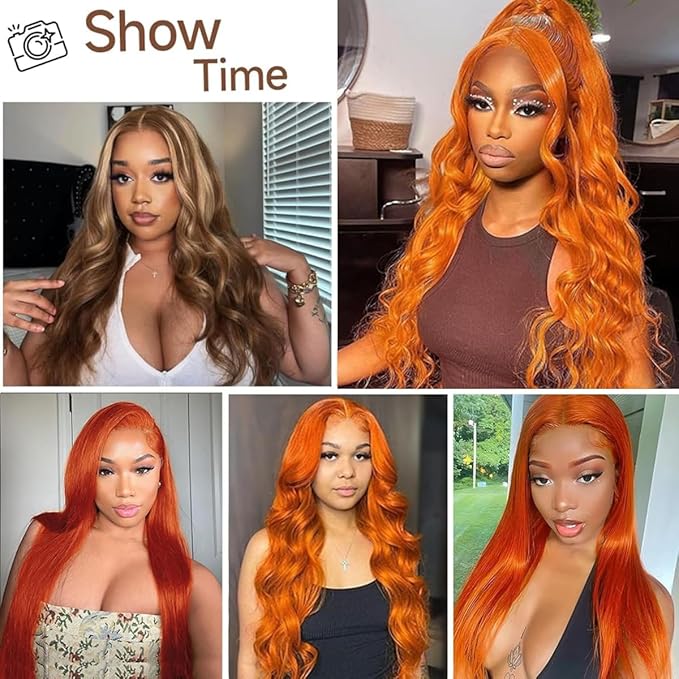 30inch 13X4 Ginger Wig Human Hair Straight Lace Front Wigs 180% Density HD Transparent Lace Frontal Glueless Pre Plucked with Baby Hair 350 Orange Colored Wig