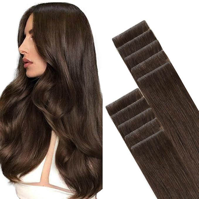 GOO GOO Invisi Edge Tape in Hair Extensions Human Hair, 4A Chocolate Brown, 10pcs 16inch 25g, Virgin Remy Hair, Seamless Injected Tape, Natural Look