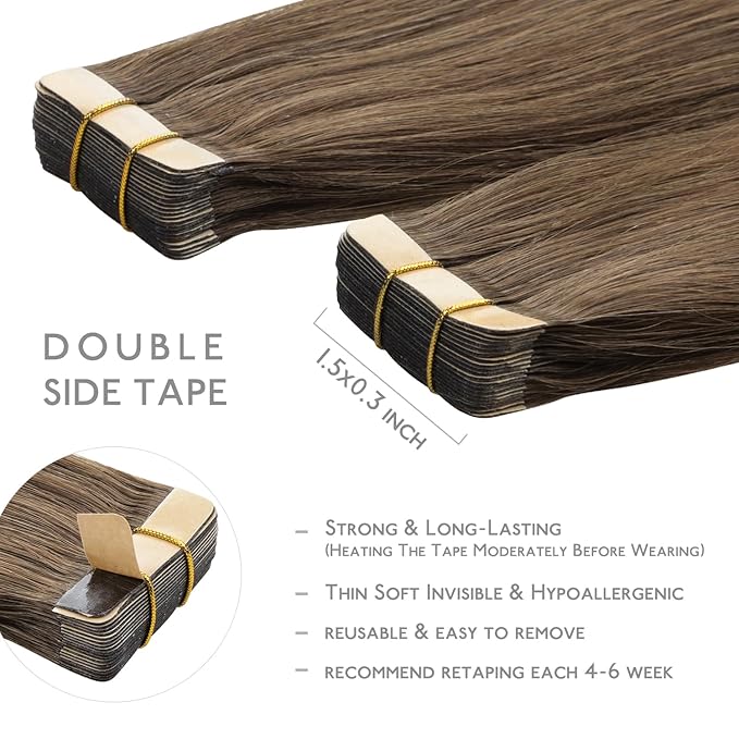 WENNALIFE Tape in Hair Extensions Human Hair, 20pcs 60g 26 inch Light Ash Brown Remy Hair Extensions Straight Skin Weft Extensiones De Cabello Humano