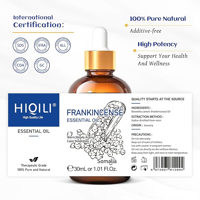 HIQILI 30ML Frankincense Essential Oil, Relaxing, Skin Care, Camp Atmosphere Creation, Can be Added to Body Lotions, Creams, Aromatherapy Use - 1 Fl Oz