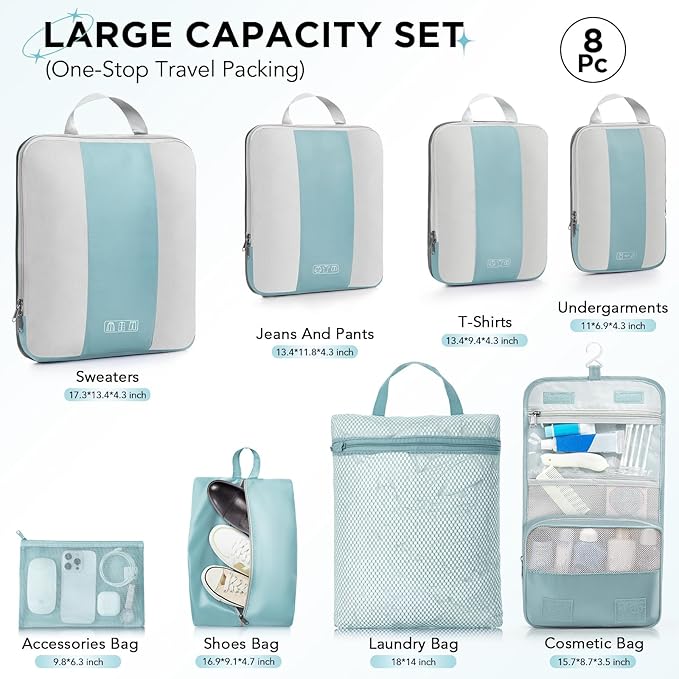 8 Set Compression Packing Cubes for Travel Essentials,Compressible Expandable Packing Cubes for Suitcase,OlarHike Luggage Organizer Bags for Travel,Handy Helper for Organizing Clothes(Blue Gray)
