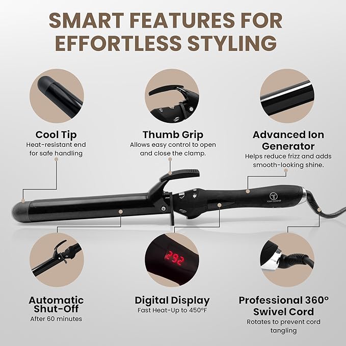 Infrared Curling Iron 1.5” Ceramic Tourmaline Long Barrel – Digital Professional Hair Curler with Ion Technology for Big Curls, Beach Waves, Thick Hair – Fast Heat, Clamp, Dual Voltage