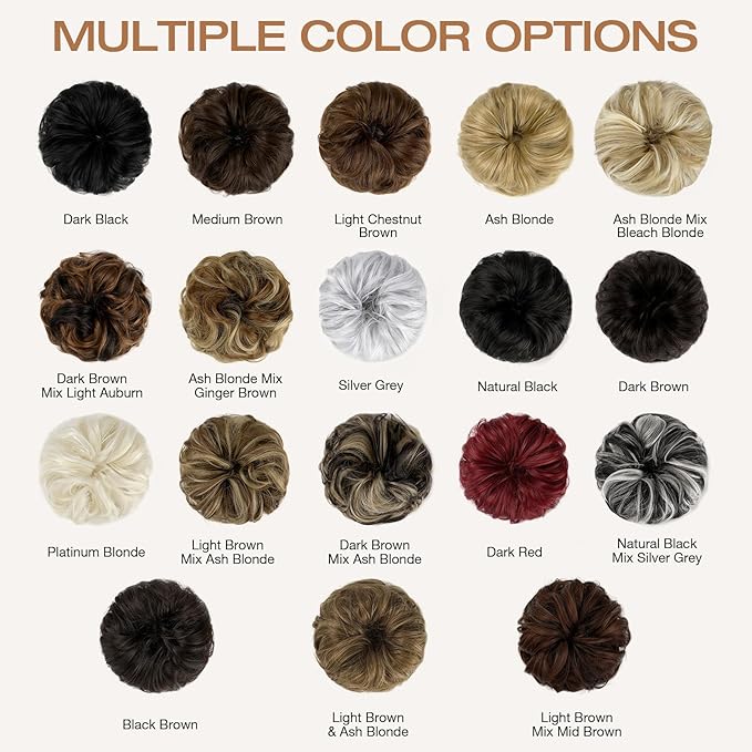 Messy Bun Hair Piece Wavy Curly Scrunchies Fluffy Donut Thick Updo Elegant Chignon Hairpieces for Women Girls, Light Brown Mix Mid Brown 1.4oz