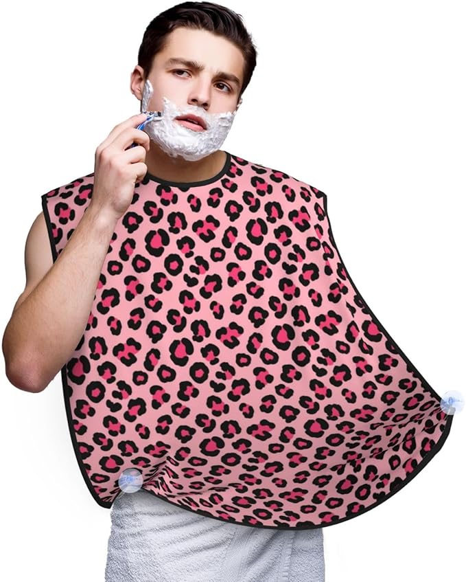 No-Slip Shaving Bib, Beard Grooming Apron with Strong Suction Cups, Cheetah Leopard Print Pink Floral