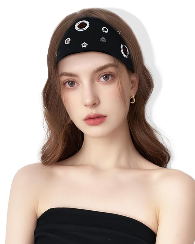 Grommet Headband for Women, Black Star 23cm Hollow Out Elastic Hair Band, Eyelets Punk Grunge Stylish Hairband