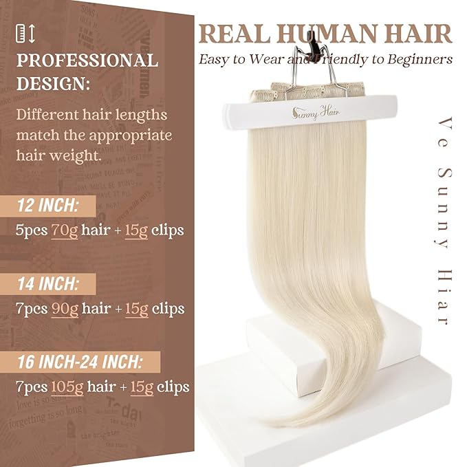 Ve Sunny Blonde Clip in Hair Extensions Human Hair Clip in Extensions Platinum Blonde Real Human Hair Extensions Clip ins Long Straight Hair Easy to Wear 7pcs 120g 20inch