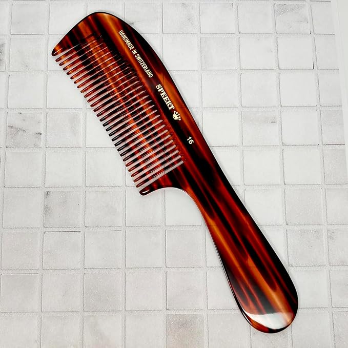 #16 Handmade Wide Tooth Rake Comb Tortoise Havana Acetate Large Handle Thick Coarse Curly Hair Detangling Parting Grooming Teasing Hair Styling Hairdresser Barber Hairdressing Wet Dry Pocket