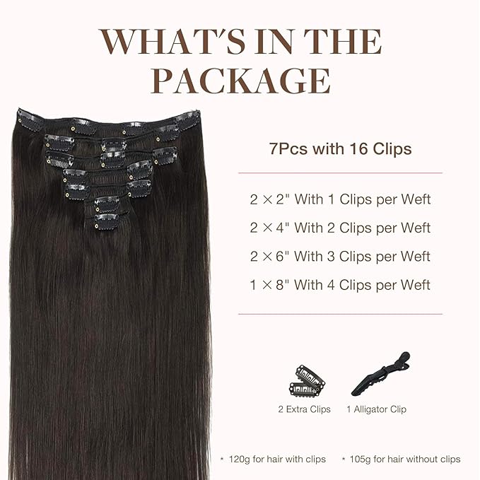 GOO GOO Clip in Hair Extensions Real Human Hair, Remy Human Hair Extensions Clip ins for Women, Natural Human Hair, 24inch 120g 7Pcs, 2 Dark Brown