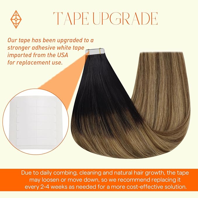 Full Shine Tape in Hair Extensions Seamless Hair Extensions Real Human Hair Off Black Fading to Chestnut Brown and Honey Blonde 18 Inch 20 Pcs 50g Invisible for Thin Hair Wedding