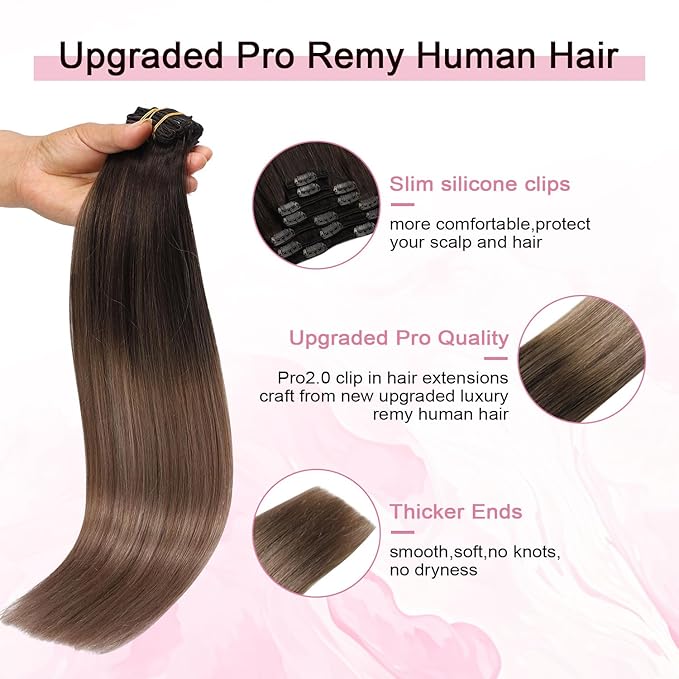 Pro2.0 Remy Real Human Hair Extensions Clip ins 120g Thick 7pcs Color #2/6/18 Dark Brown to Dirty Blonde Remy Clip in Hair Extensions Real Human Hair 16inch Double Weft（#2/6/18-16inch）