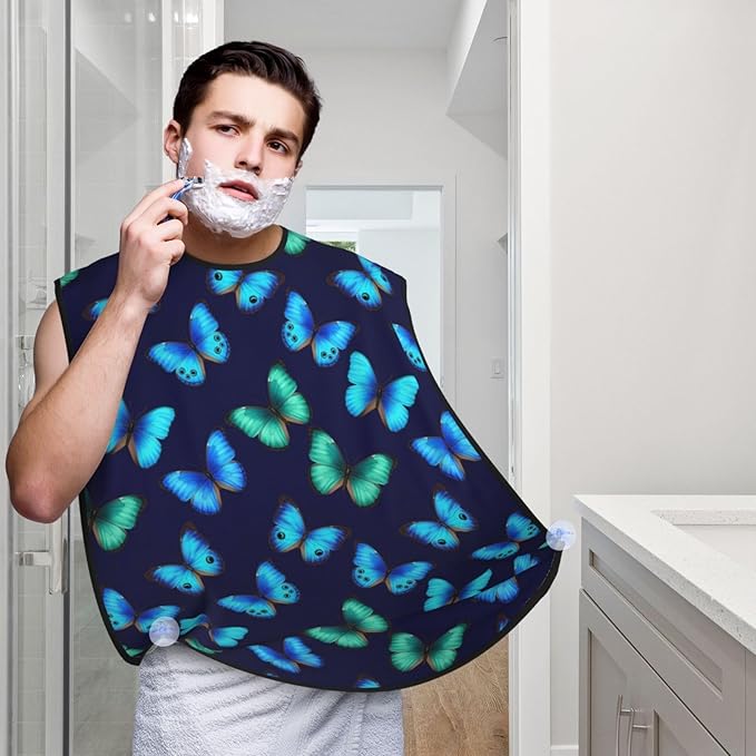 Beard Shaving Cape with Suction Cups, Blue Butterfly Beautiful Butterflies Shave Bib, Non-Stick Waterproof Hair Catcher, Grooming Bib for Men Husband