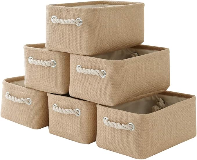 TheWarmHome Storage Basket for Organizing - Small 6 Pack 11.8x7.8x5.2 inch Fabric Storage Cubes with Cotton Rope Handle, Collapsible Storage Bins Baby Storage Toy Nursery (Beige)