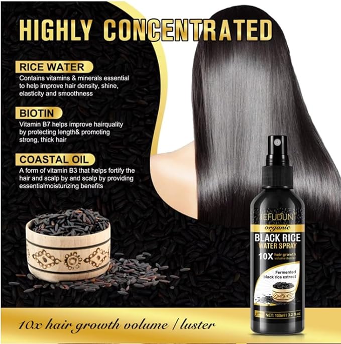 Organic Black Rice Water Spray for Hair Growth, with Castor Oil & Ginger Root Extract for Thicker, Fuller Hair, Helps in Hair Loss and helps Repair Damage 100ml/3.2 fl. Oz (1 PC) - ActivePur