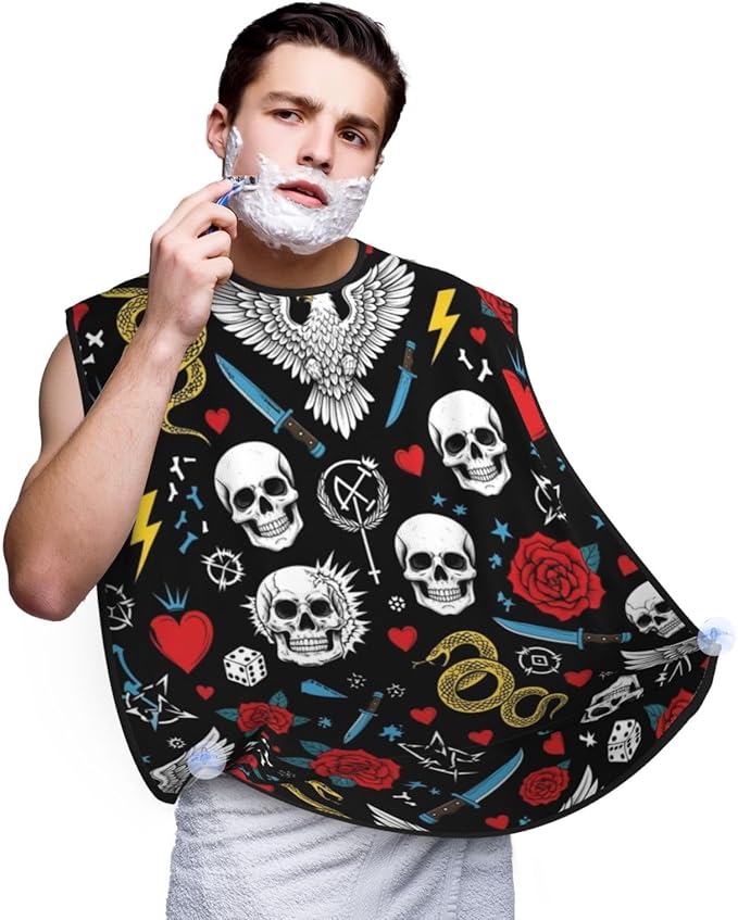 Beard Hair Catcher for Men, Waterproof Shaving Bib Apron Non-Stick, Trimming Tool for Dad Husband, Cool Rock Wild Eagle Red Rose Skull Floral Shave Bib