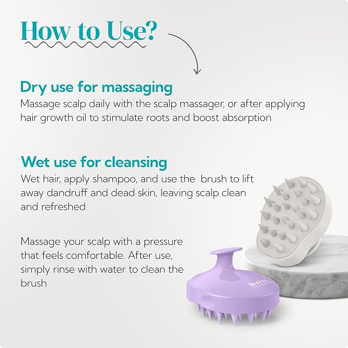 HEETA Hair Scalp Massager Shampoo Brush 2 Pack, Soft Silicone Bristles for Dandruff Removal, Waterproof for Wet & Dry Hair, Suitable for Men & Women (Light Beige & Purple)
