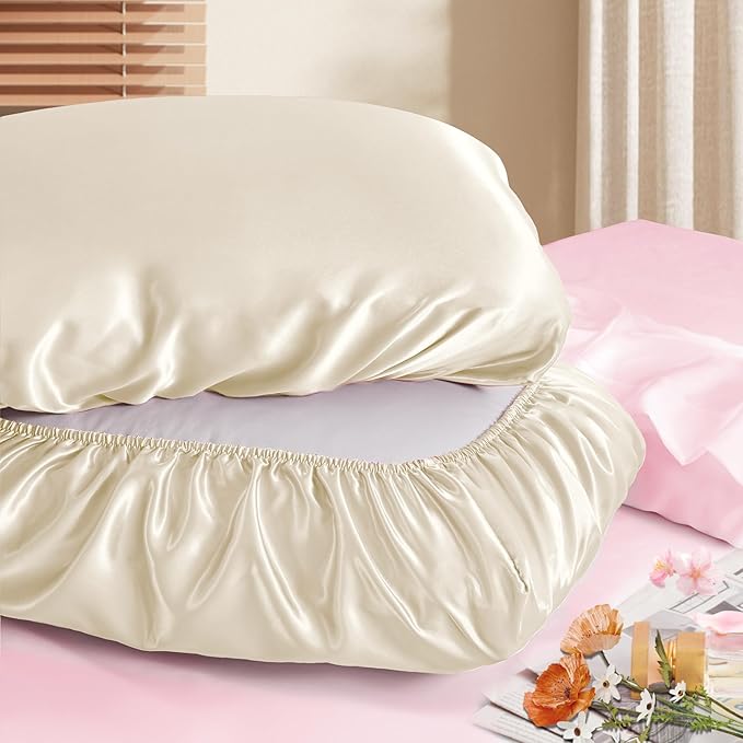 Manyshofu Satin Pillowcases for Hair Protection - 2Pcs Beige Pillow Cases, Elastic Band Standard & Queen Satin Pillowcases Luxury Silky Pillow Cases Travel Pillow Covers