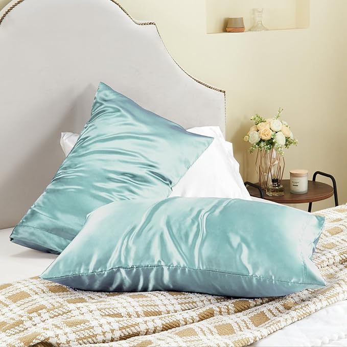 BEDELITE Satin Pillowcase for Hair and Skin, Super Soft and Cooling Similar to Silk Pillow Cases 2 Pack with Envelope Closure, Gift for Women Men(20"x30" Queen Size, Blue Grey)