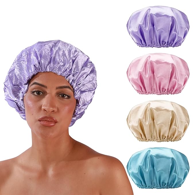 Smilco 4 Pack Shower Caps for Women, Reusable Waterproof Double Layer Bath Cap, Large EVA Elastic Hair Cover for Shower, Fits Long Hair & Braids, for Spa & Home